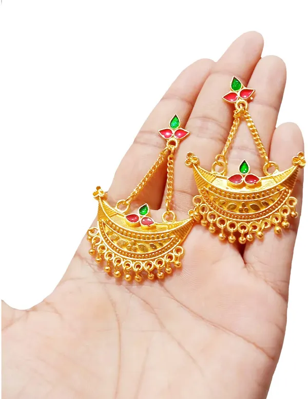 Assamese_Traditional_Copper_Gold_Plated_Red_Green_Colour_Jhumki_Earring_For_Girls_&_Women